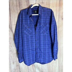 Bugatchi Dress Shirt Large Blue Plaid Paisley Contrast Flip Cuff Shape Fit